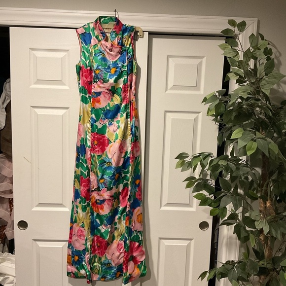 Dynasty 1960s Vintage Silk Japanese Oriental Hawaiian Flower Maxi Dress Y2K, 10 - Picture 5 of 6